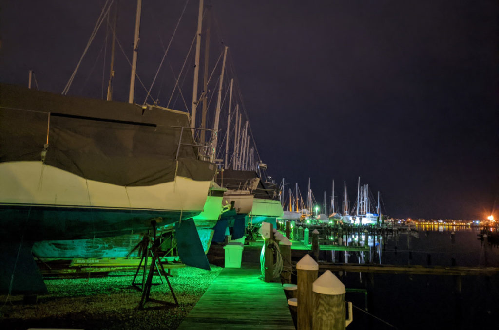 Night Shot of the Marina with Weird Green LIghts